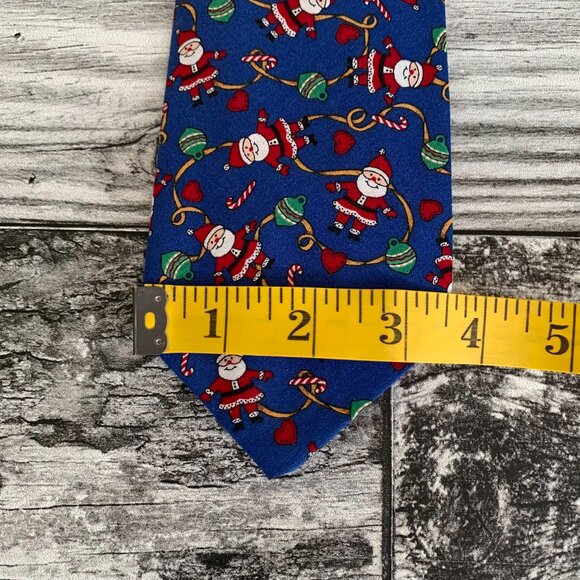 Vintage Christmas Tie Blue Red Santa Xmas Classic Necktie Handmade Vintage 80s - Picture 8 of 8